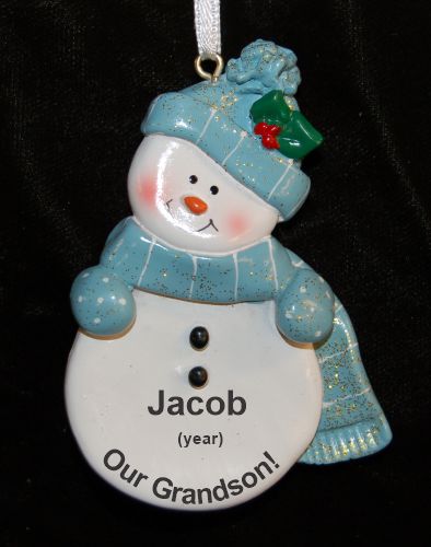 Personalized Light Blue Snowman for Our Grandchild Christmas Ornament by Russell Rhodes