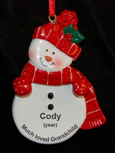 Red Snowman for Our Grandchild Christmas Ornament Personalized by Russell Rhodes