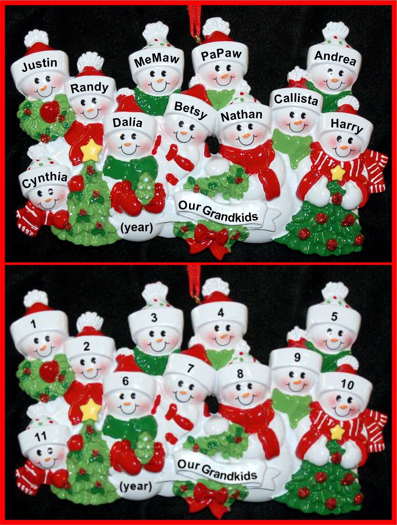 Personalized Snow Fam 2 Grandparents with their 9 Grandchildren Christmas Ornament Personalized by Russell Rhodes