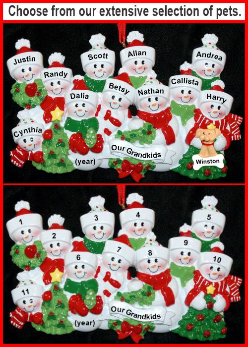 Snow Family Grandparents Christmas Ornament 11 Grandkids with Pets Personalized by Russell Rhodes