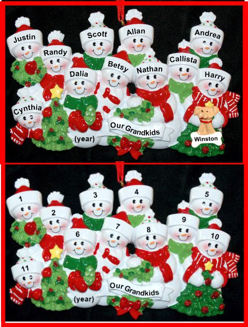 Grandparents Christmas Ornament Snow Fam 11 Grandkids with Pets Personalized by RussellRhodes.com