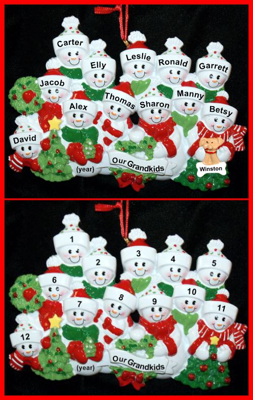 Grandparents Christmas Ornament Snow Fam 12 Grandkids with Pets Personalized by RussellRhodes.com