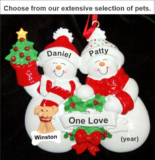 Snow Family with Tree for 2 Christmas Ornament with Pets Personalized by RussellRhodes.com