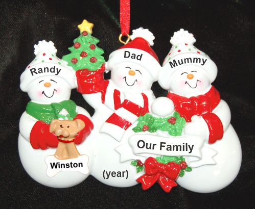 Family Christmas Ornament Snow Fam for 3 with Pets Personalized by RussellRhodes.com