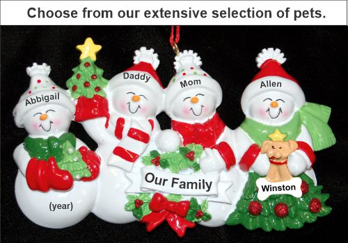 Snow Family with Tree for 4 Christmas Ornament with Pets Personalized by Russell Rhodes