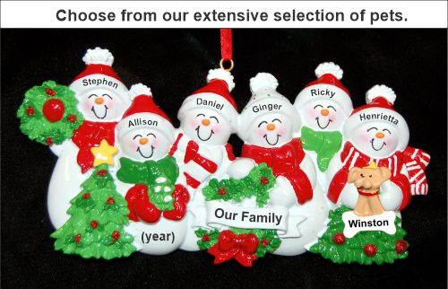 Snow Family with Tree for 6 Christmas Ornament with Pets Personalized by RussellRhodes.com