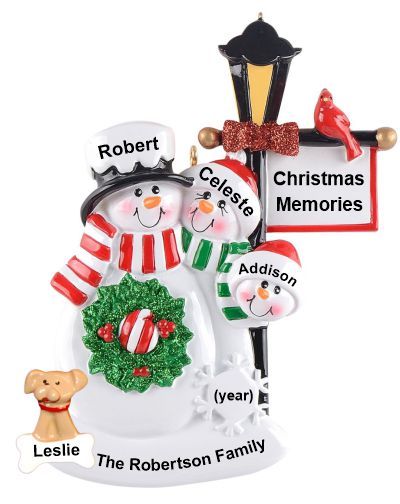 Family Christmas Ornament by Winter Lamp Light for 3 with Pets Personalized by RussellRhodes.com