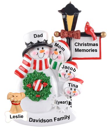 Family Christmas Ornament by Winter Lamp Light for 4 with Pets Personalized by RussellRhodes.com