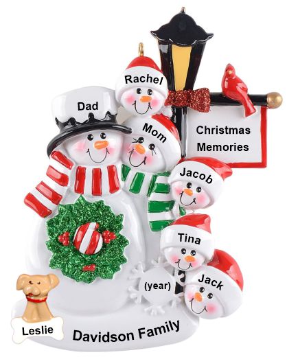 Family Christmas Ornament by Winter Lamp Light for 6 with Pets Personalized by RussellRhodes.com