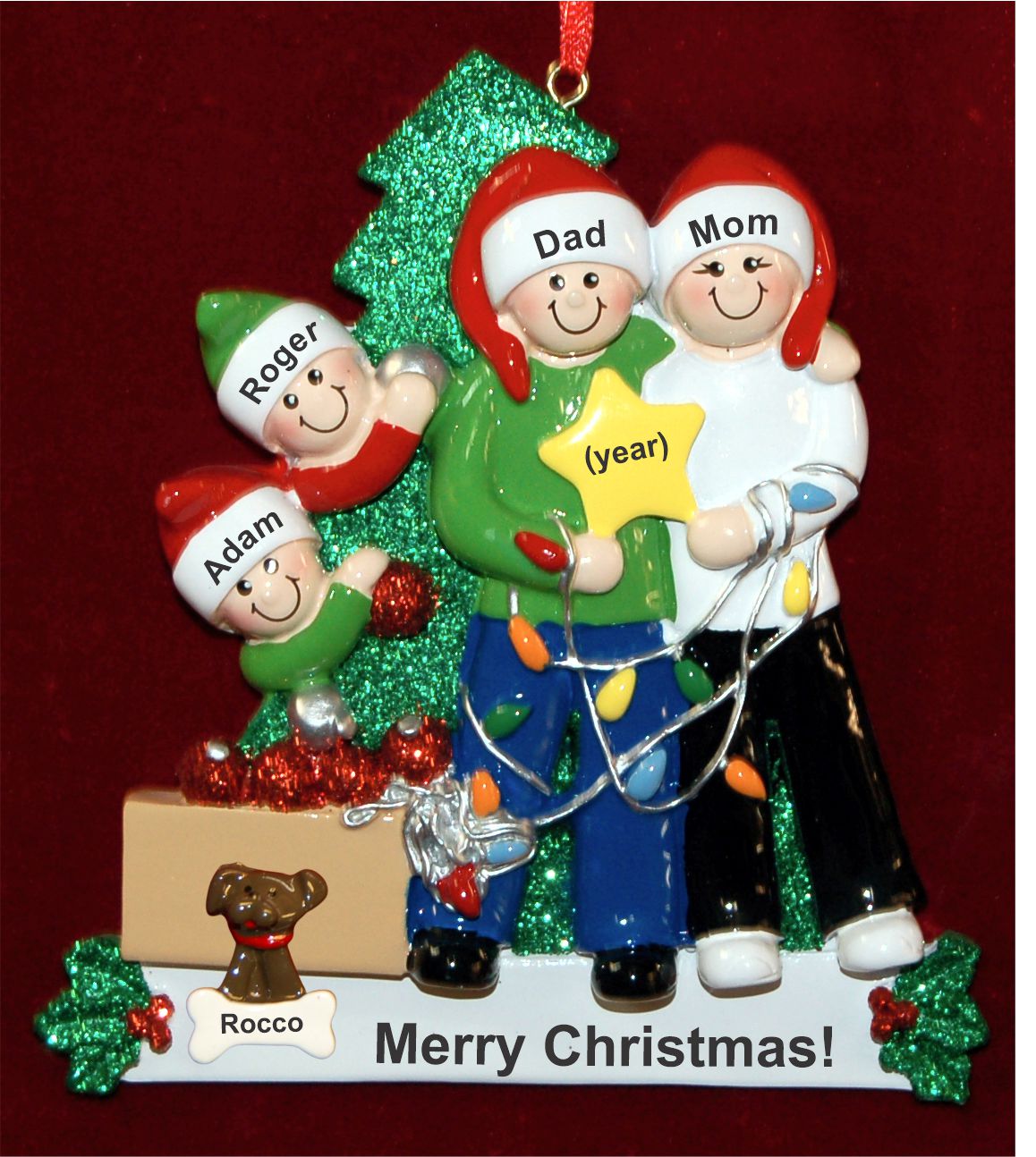 Let's Decorate! Family of 4 Christmas Ornament with Pets Personalized by RussellRhodes.com