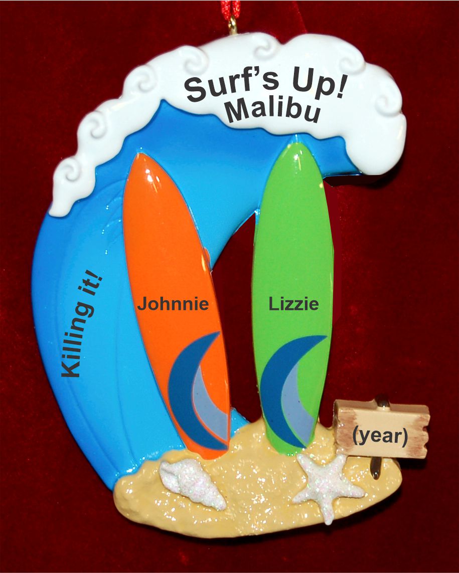 Surfing Vacation Christmas Ornament for 2 Personalized FREE by Russell Rhodes