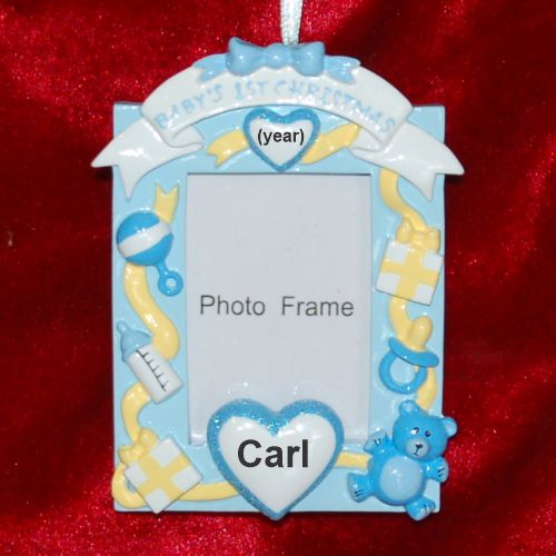 Baby's First Christmas Ornament Loving Hearts Photo Frame Blue Personalized by RussellRhodes.com