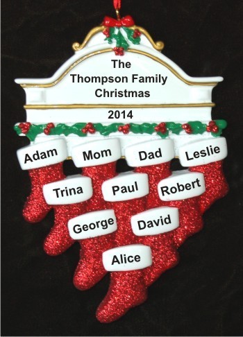 Stockings Hung with Care Family of 10 Christmas Ornament Personalized by Russell Rhodes