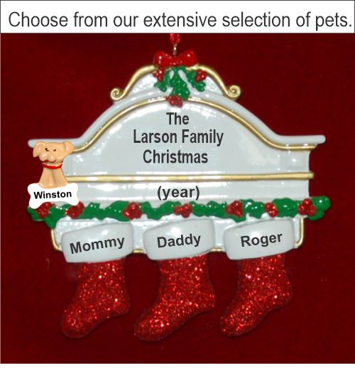Stockings Hung with Care Family of 3 Christmas Ornament with Pets Personalized by RussellRhodes.com