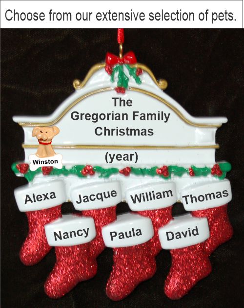 Stockings Hung with Care Family of 7 Christmas Ornament with Pets Personalized by RussellRhodes.com