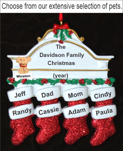 Stockings Hung with Care Family of 8 Christmas Ornament with Pets Personalized by RussellRhodes.com