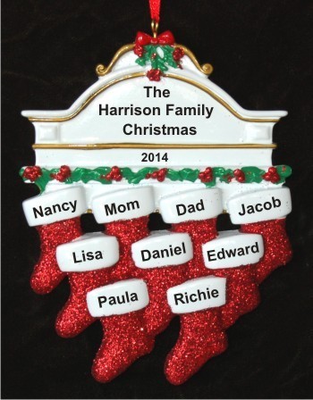 Stockings Hung with Care Family of 9 Christmas Ornament Personalized by Russell Rhodes
