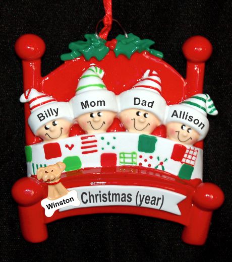 Family Christmas Ornament Snug in Bed for 4 with Dogs, Cats, Pets Custom Added Personalized by RussellRhodes.com