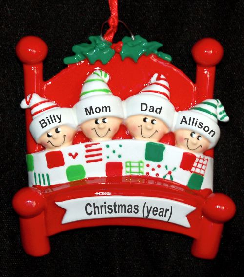 Family Christmas Ornament Snug in Bed for 4 Personalized by RussellRhodes.com