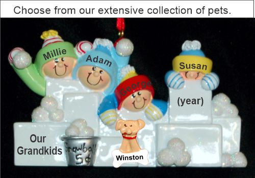 Personalized Family Christmas Ornament Snowball Fun Just the 4 Kids with Pets Personalized by Russell Rhodes