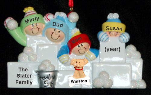 Family Christmas Ornament Snowball Fun for 4 with Pets Personalized by RussellRhodes.com