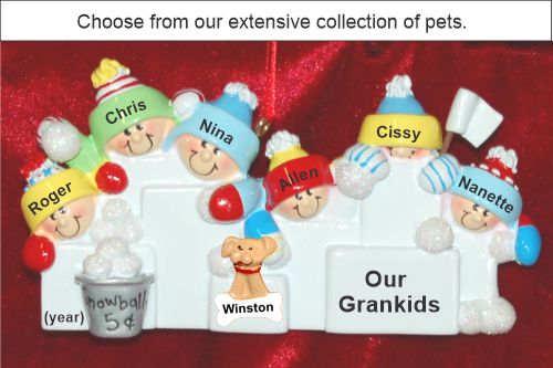 Grandparents Christmas Ornament Snowball Fun Grandkids 6 with Pets Personalized by RussellRhodes.com