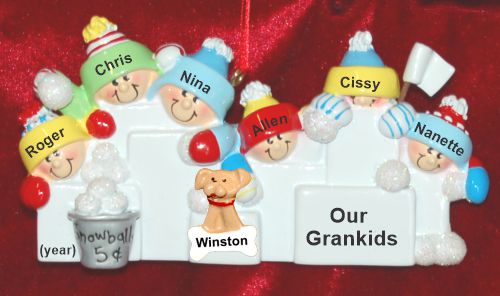 Grandparents Christmas Ornament Snowball Fun 6 Grandkids with Pets Personalized by RussellRhodes.com