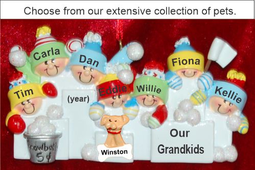 Grandparents Christmas Ornament Snowball Fun Grandkids 7 with Pets Personalized by RussellRhodes.com