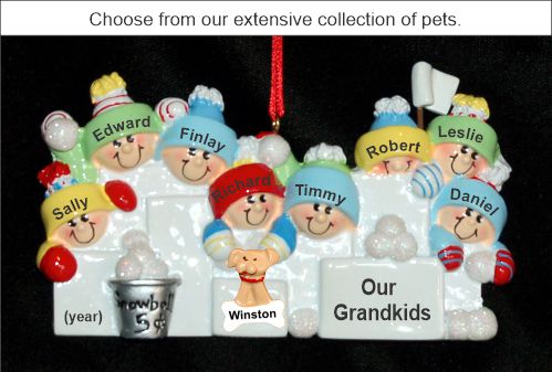 Grandparents Christmas Ornament Snowball Fun Grandkids 8 with Pets Personalized by RussellRhodes.com