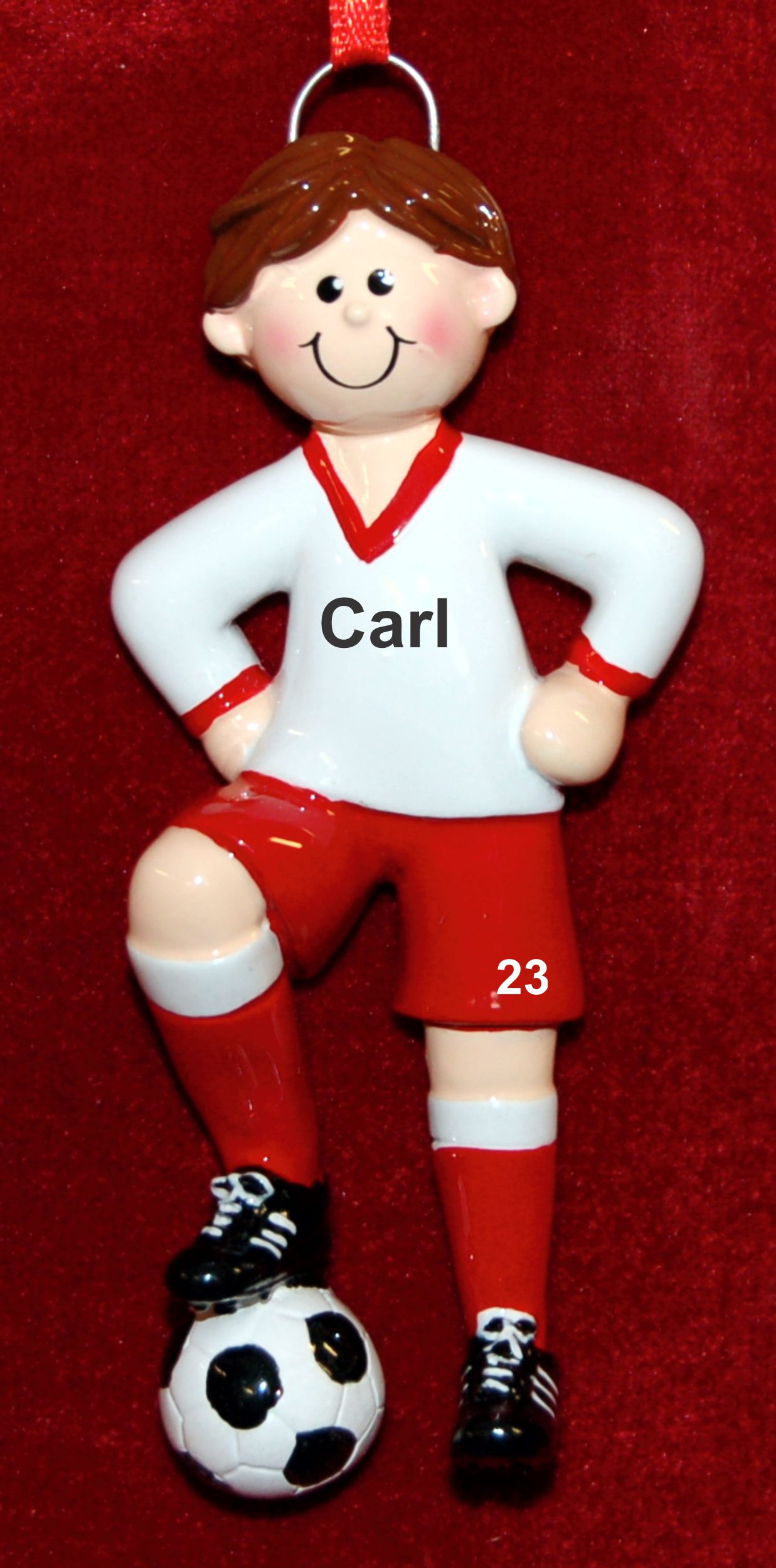 Personalized Soccer Christmas Ornament Male Brown Hair by Russell Rhodes