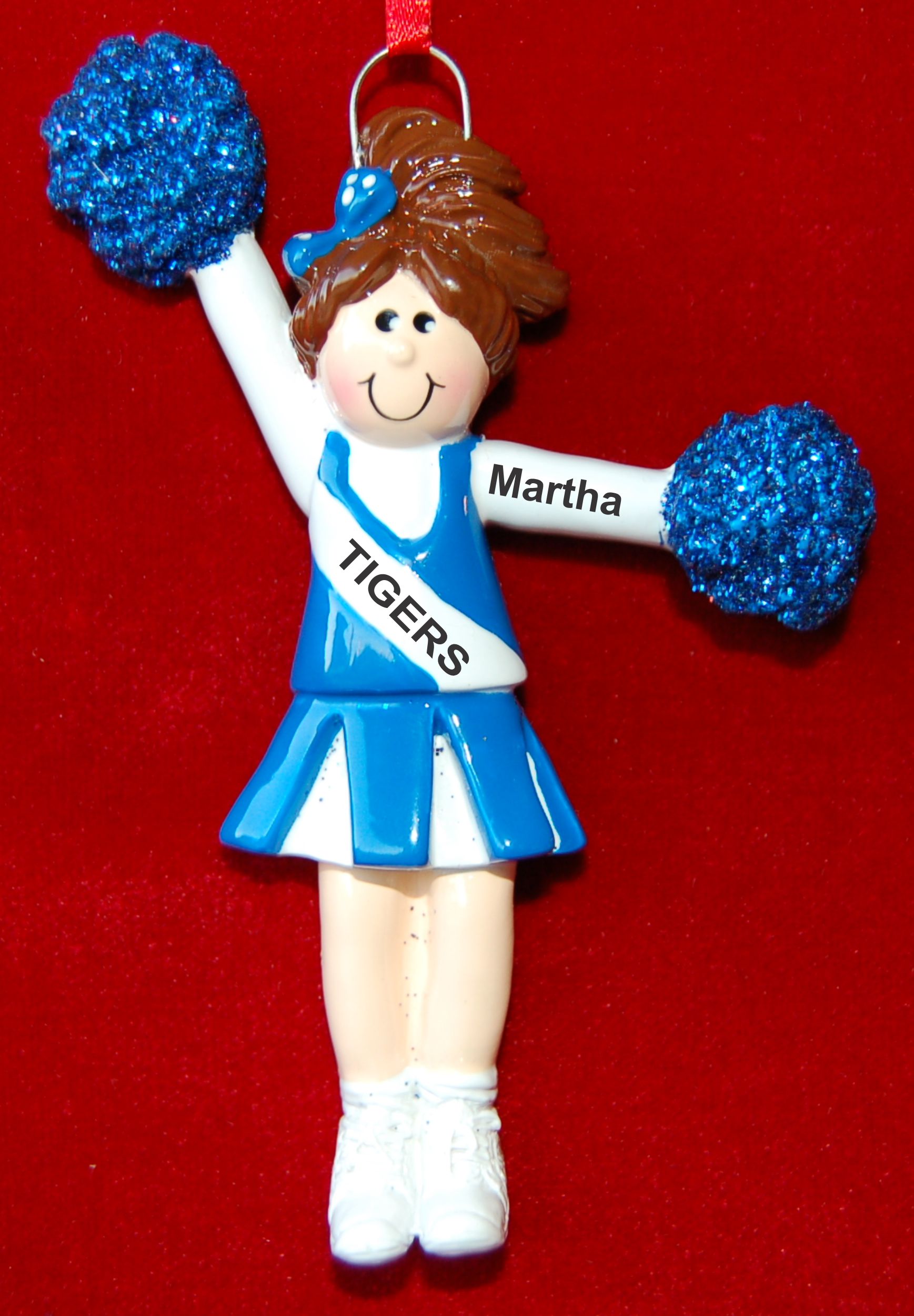Personalized Cheerleader Christmas Ornament Female Brunette Blue by Russell Rhodes