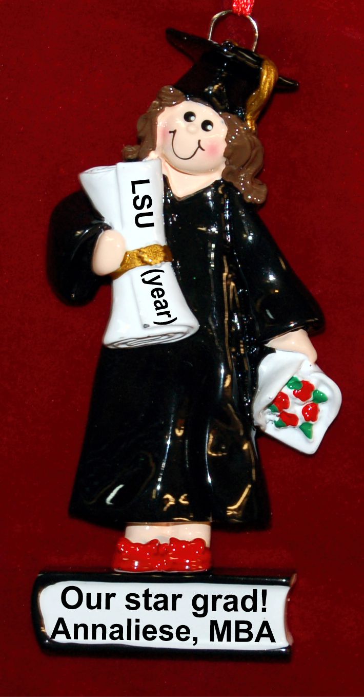 Grad School Graduation Christmas Ornament Female Brunette Personalized FREE by Russell Rhodes