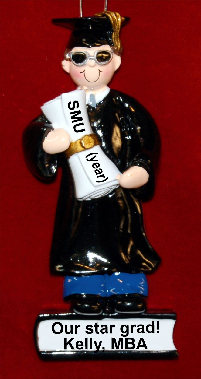 Grad School Graduation Christmas Ornament Male Brunette Personalized FREE by Russell Rhodes