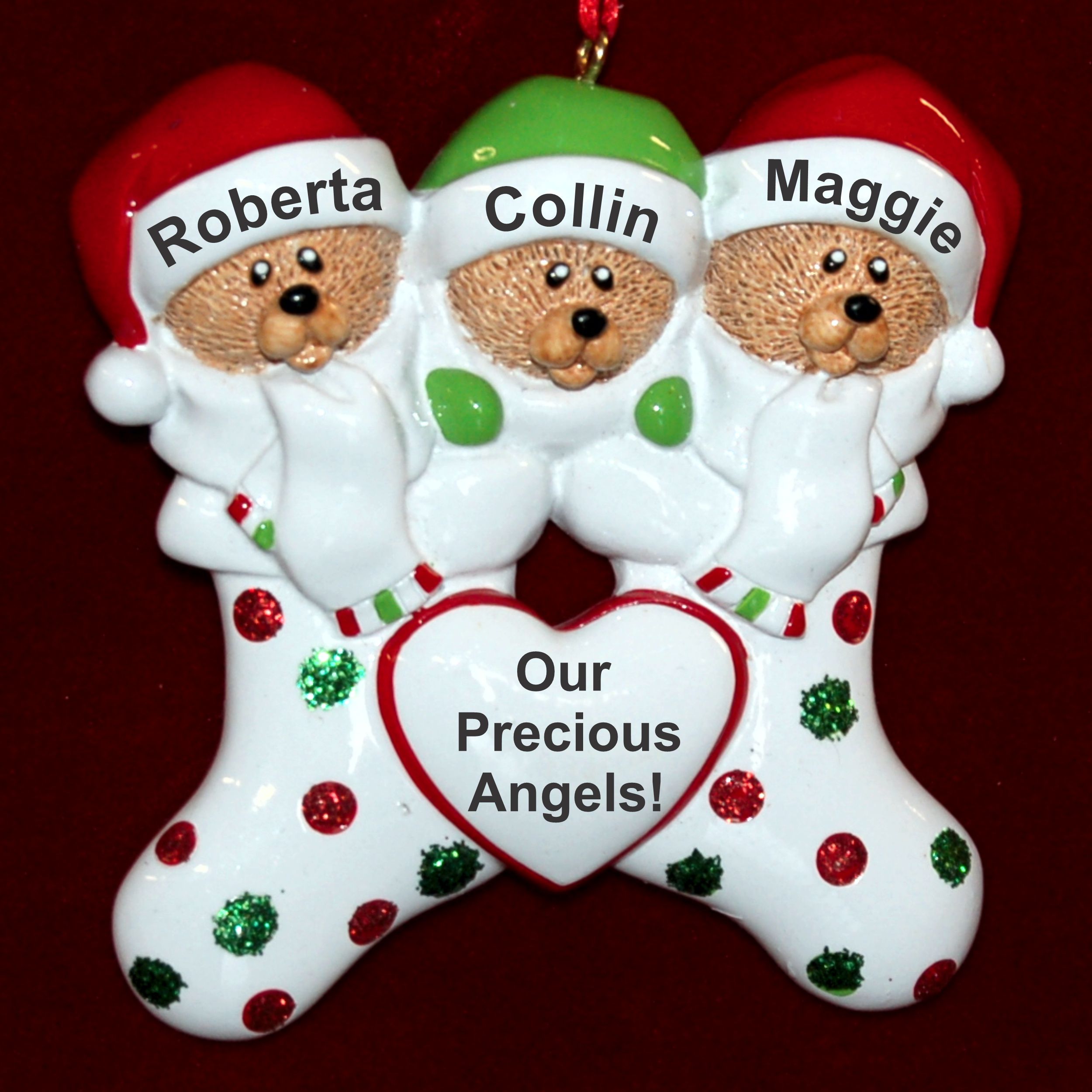 Triplets Christmas Ornament Stocking Cute Personalized by RussellRhodes.com