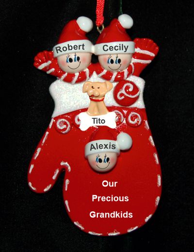 Grandparents Christmas Ornament Mittens 3 Grandkids with Pets Personalized by RussellRhodes.com