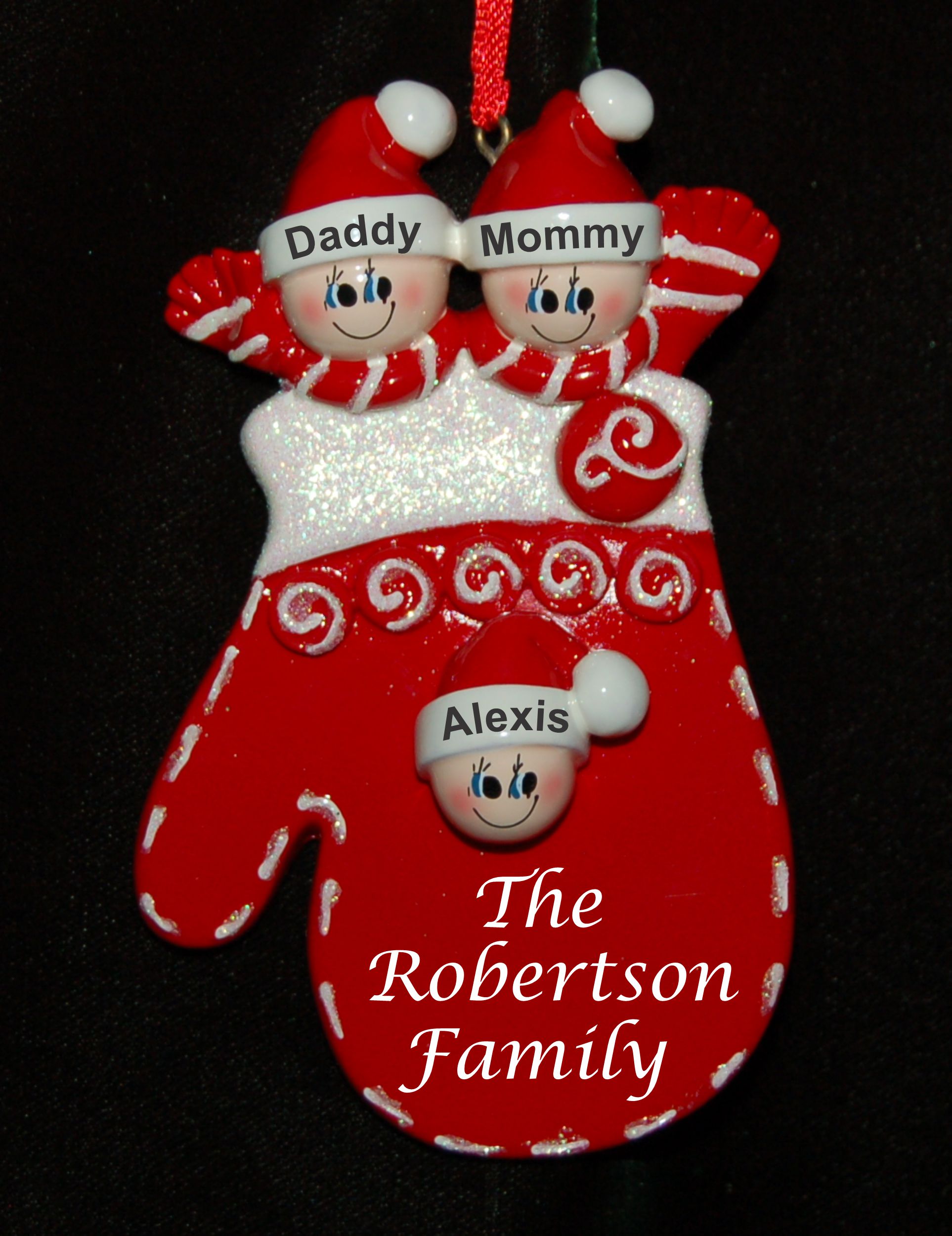 Personalized Family Christmas Ornament Holiday Mitten for 3 by Russell Rhodes