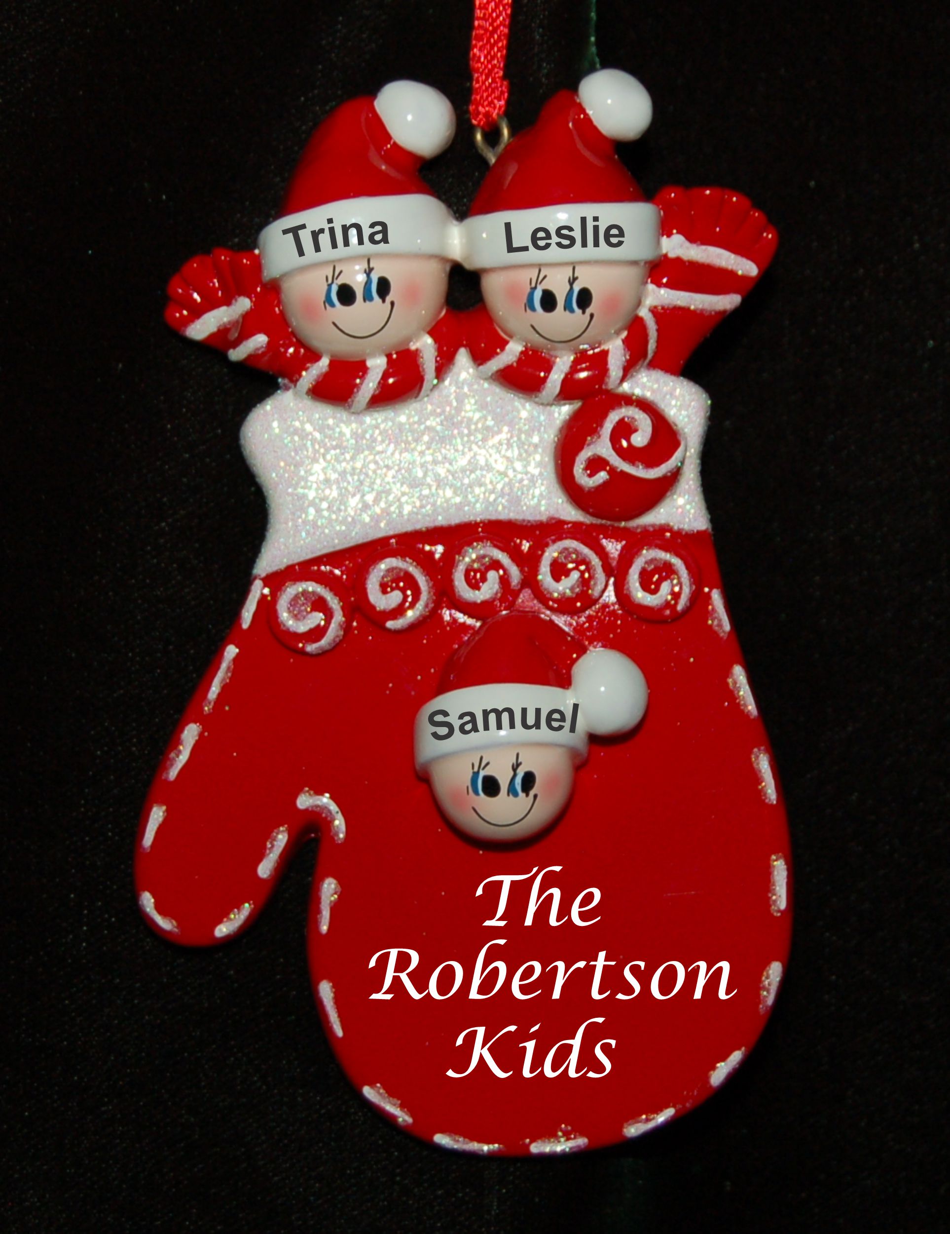 Personalized Family Christmas Ornament Holiday Mitten Just the 3 Kids by Russell Rhodes