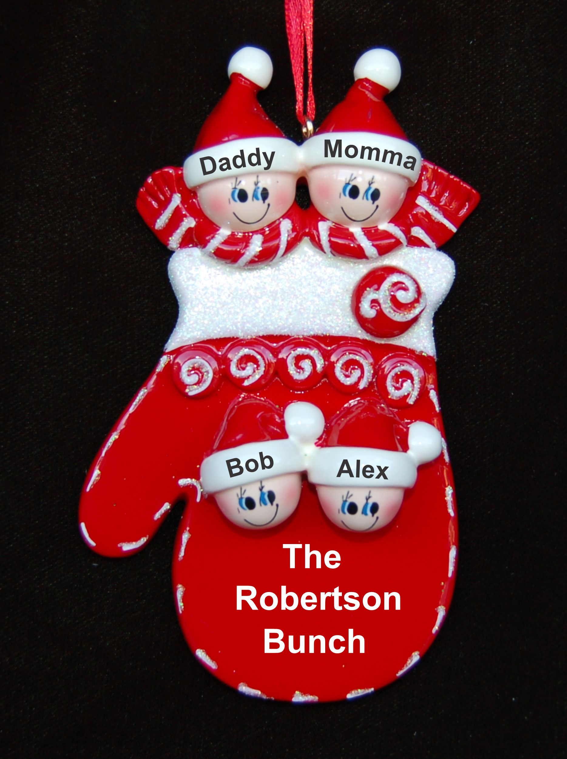 Personalized Family Christmas Ornament Holiday Mitten for 4 by Russell Rhodes