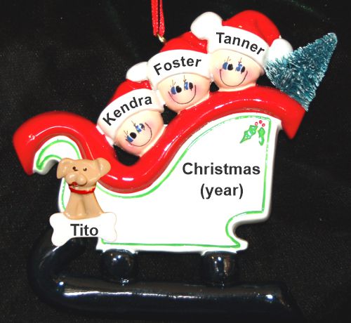 Grandkids or Family Christmas Ornament Sleigh for 3 with Pets Personalized by RussellRhodes.com