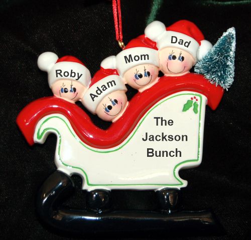 Personalized Family Christmas Ornament Sleigh for 4 by Russell Rhodes