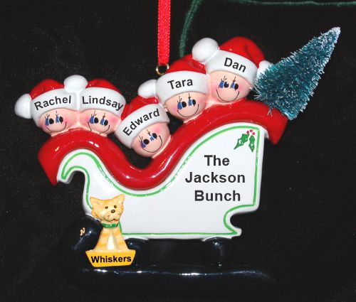 Family Christmas Ornament Sleigh for 5 with Pets Personalized by RussellRhodes.com