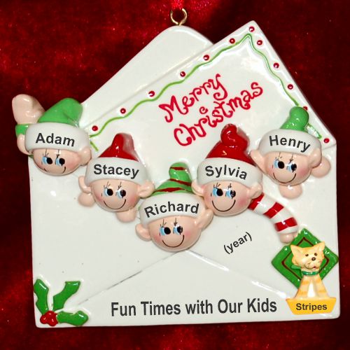 Seasons Greetings Family Christmas Ornament for 5 with Pets Personalized by RussellRhodes.com