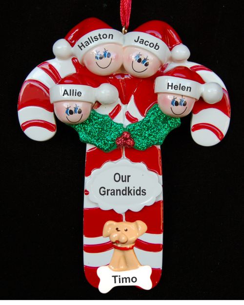 Grandparents Christmas Ornament Candy Canes for 4 Grandkids with Pets Personalized by RussellRhodes.com