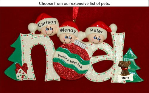 Family Christmas Ornament Noel Just the 3 Kids with Pets by Russell Rhodes