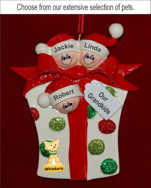 Grandparents Christmas Ornament Xmas Gift 3 Grandkids with Pets by Russell Rhodes