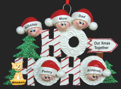 Family Christmas Ornament Ho Ho Ho for 5 with Pets Personalized by RussellRhodes.com