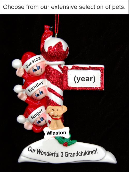 Grandparents Christmas Ornament North Pole 3 Grandkids with Pets by Russell Rhodes