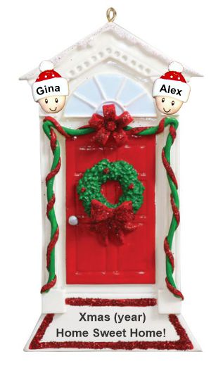 Couples Christmas Ornament Red Door with Wreath Personalized by RussellRhodes.com