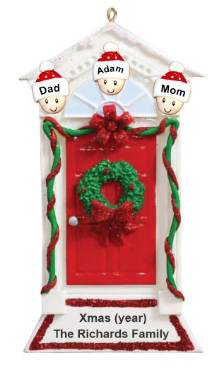 Family Christmas Ornament Red Door with Wreath for 3 Personalized by RussellRhodes.com