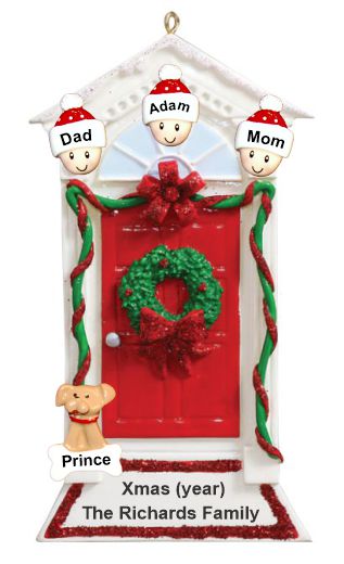 Family Christmas Ornament Red Door with Wreath for 3 with Pets Personalized by RussellRhodes.com